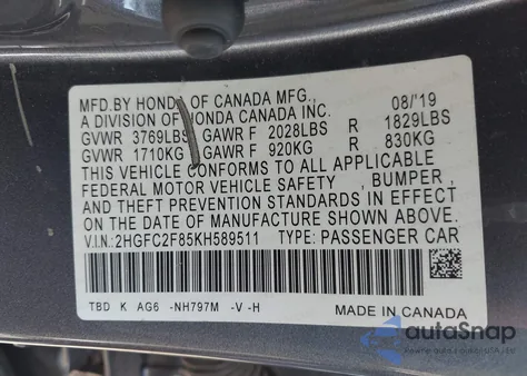 2019 Honda Civic Sport from USA, damaged, VIN 2HGFC2F85KH589511